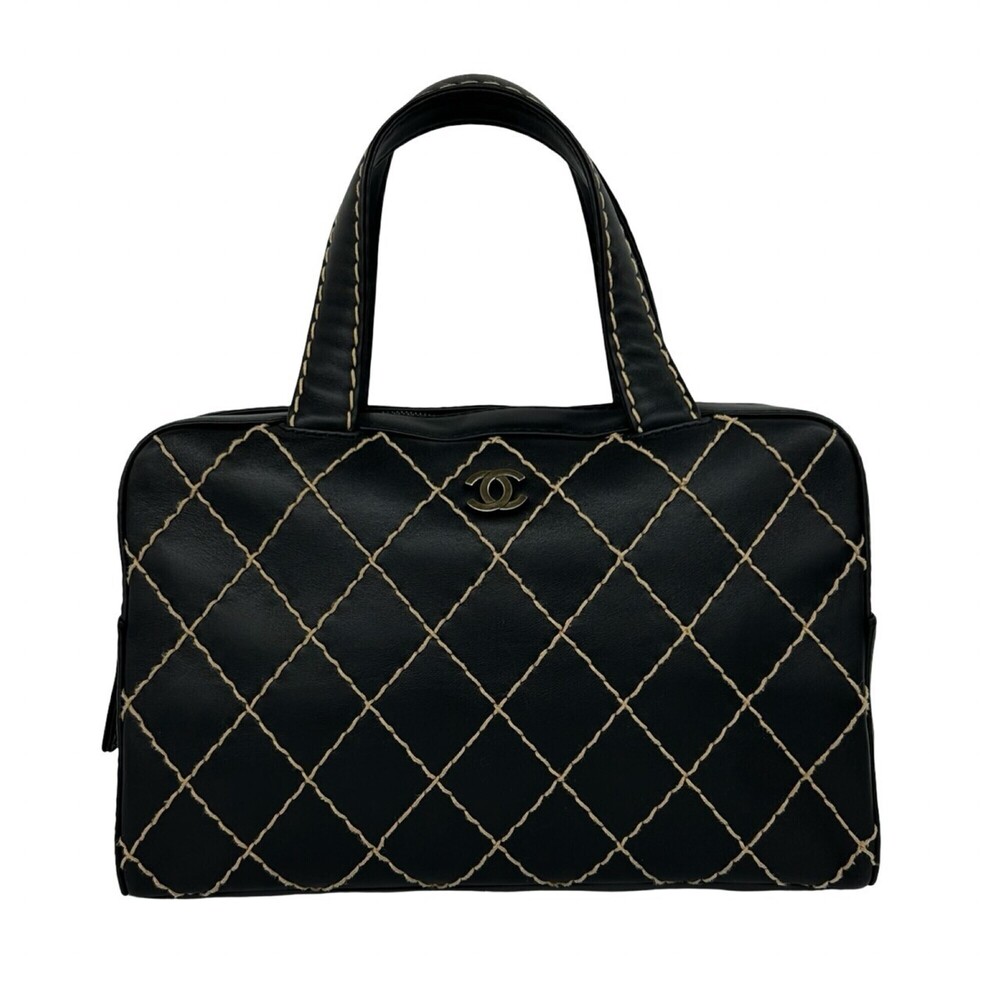 CHANEL Chanel Coco Mark Wild Stitch Leather Handbag Mini Boston Bag Black 131-8